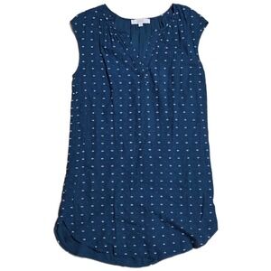 LOFT Polkadot Sleeveless Blouse Women's Size M Navy‎ Blue White Dot Split Neck